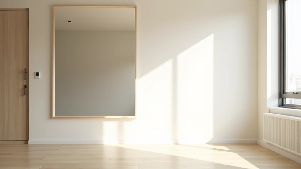 Vertical mirror placement on apartment wall reflecting light and creating illusion of depth, showing how mirrors strategically positioned expand perceived space