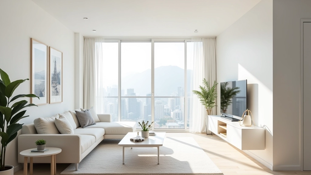 Bright apartment living room with multiple light sources, white walls reflecting natural light from windows, track lighting on ceiling creating even illumination throughout space