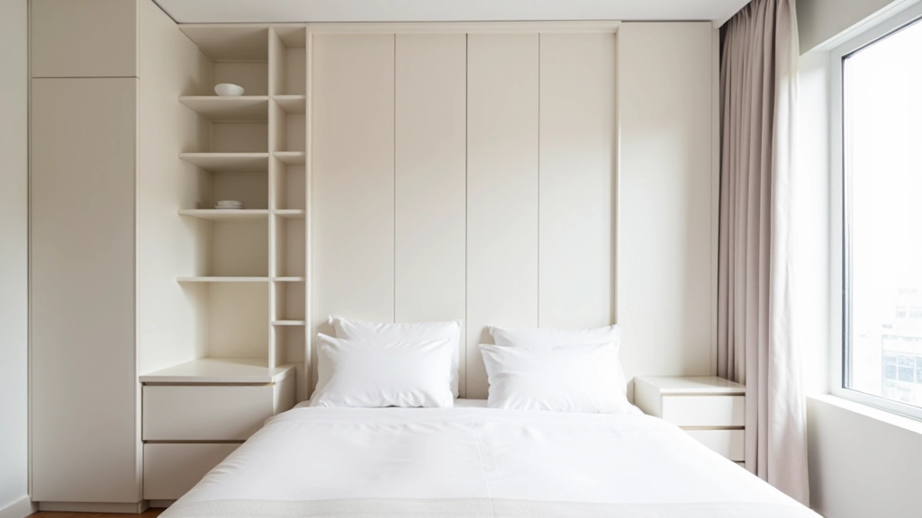 Storage solutions and built-in shelving units in a compact bedroom, white cabinets with efficient organization systems