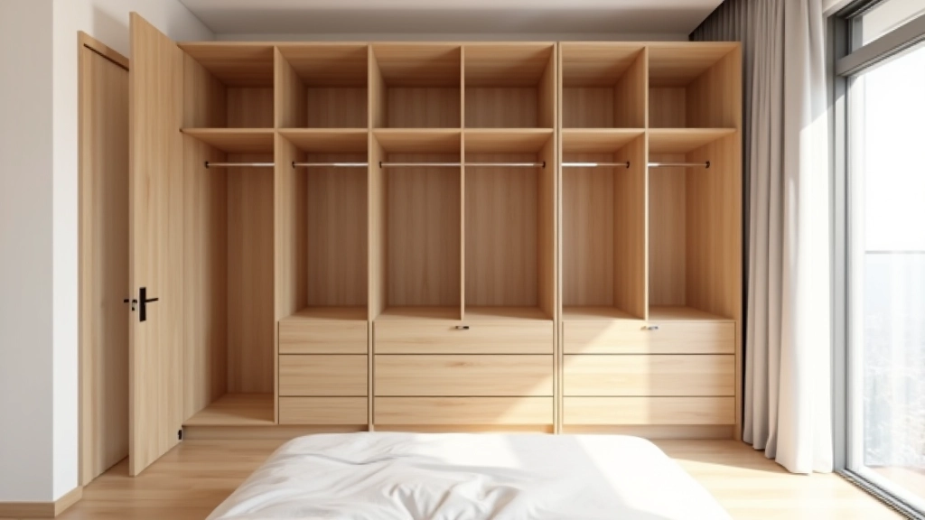 Custom-built wardrobe system with multiple compartments, hanging rails, and pull-out drawers in a bedroom with natural light from window