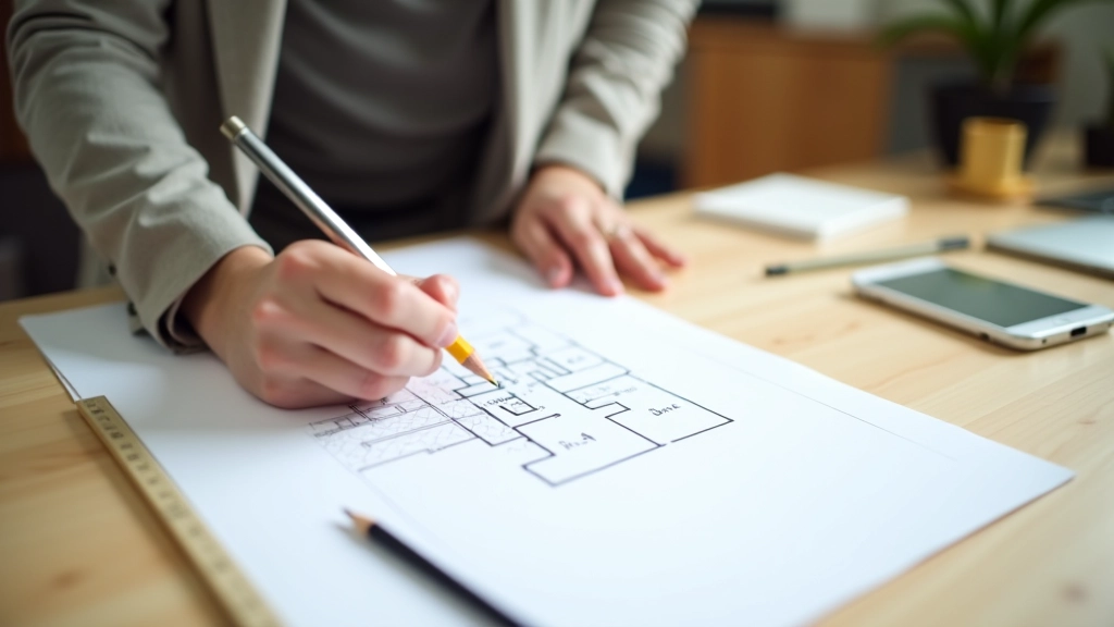 Interior design student sketching floor plan with measurements and color annotations on workspace