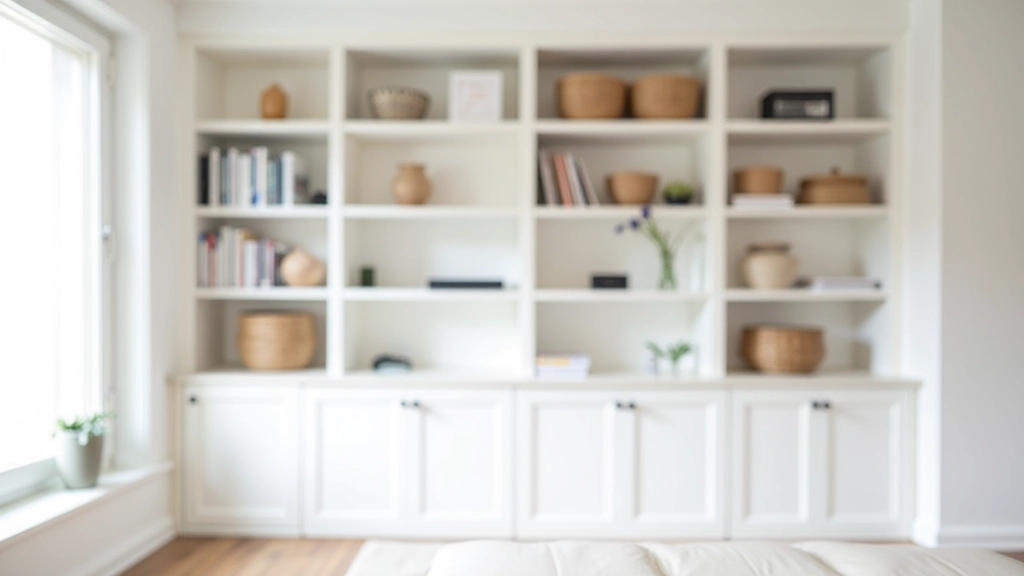 Floor-to-ceiling white built-in shelving system with organized books, decorative objects, and woven storage baskets in a minimalist bedroom