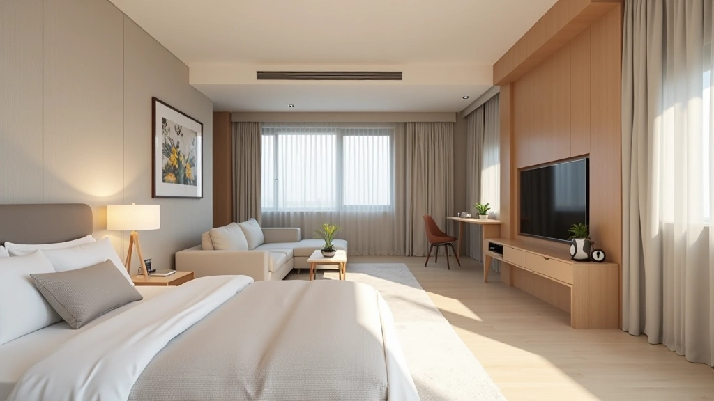 Multiple rooms of Hong Kong apartment photographed from connected perspective, showing coordinated color palette flowing from living area through bedroom, consistent design language
