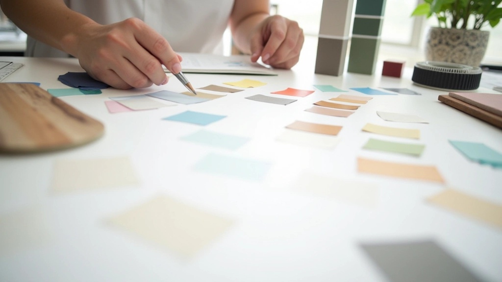 Color palette and material samples arranged on designer desk, fabric swatches, paint colors, wood samples, design mood board