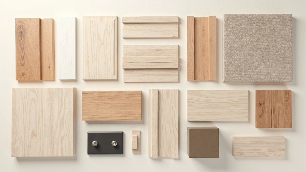 Array of different material textures and finishes including wood grain, fabric weaves, tile surfaces, and paint finishes in various colors