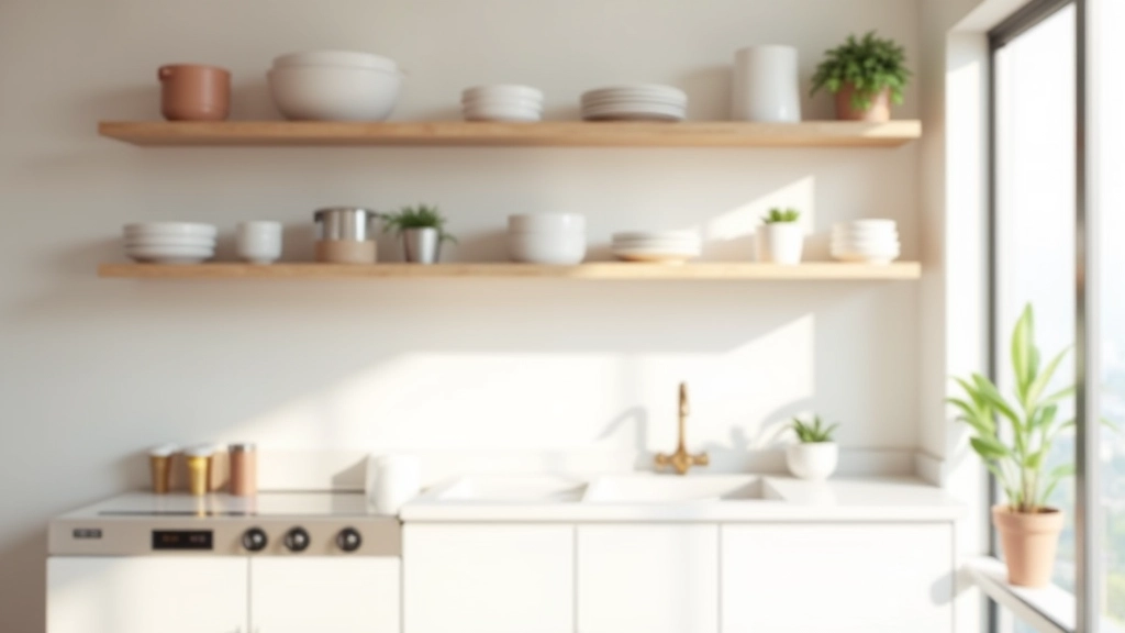 Minimalist kitchen with wall-mounted shelving displaying organized dishes, jars, and kitchen utensils, modern white cabinetry below