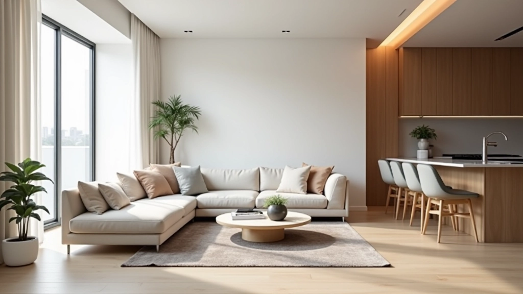 Apartment interior showing floating furniture arrangement with sofa pulled away from wall, visible floor space beneath furniture, creating open sightlines through the living area