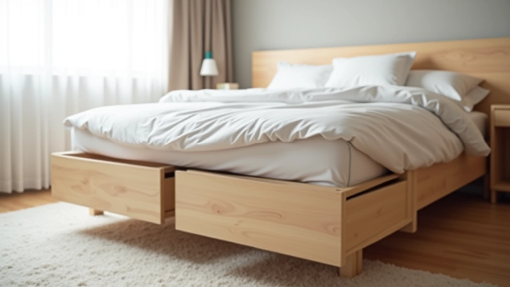 Modern bed frame with integrated pull-out storage drawers and a light wood finish, neatly organized bedding and decorative pillows