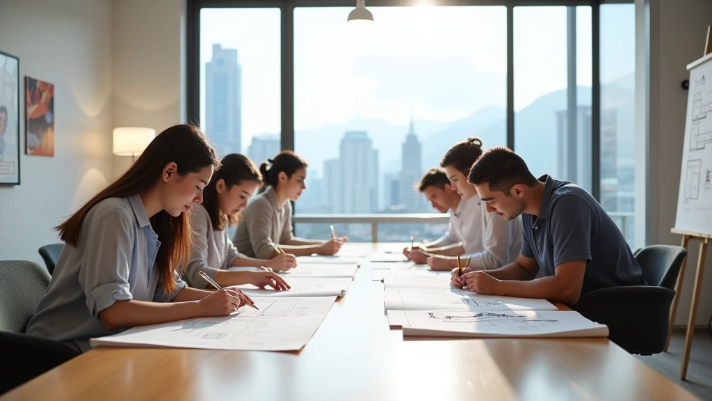 Interior design classroom with students studying residential space planning
