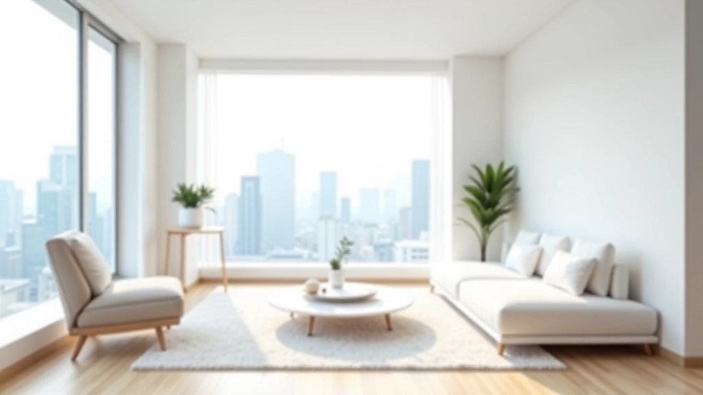 Minimalist apartment interior with natural light from large windows, clean white walls, wooden flooring, and simple furniture arrangement