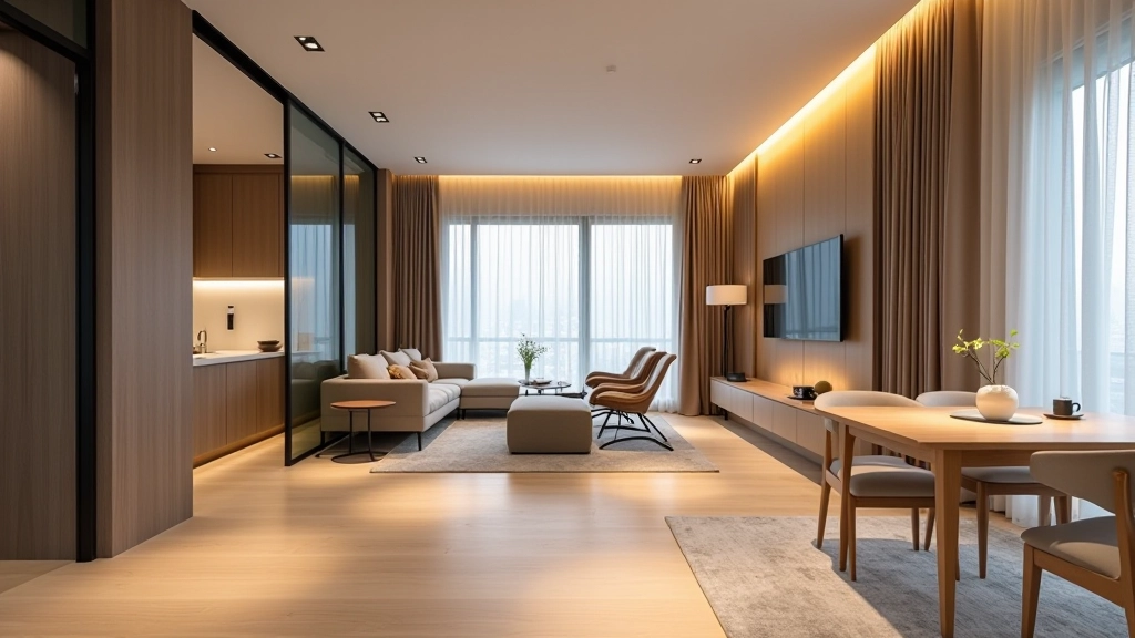 Open-plan living and dining area with flexible furniture, sliding partitions creating room separation, warm lighting