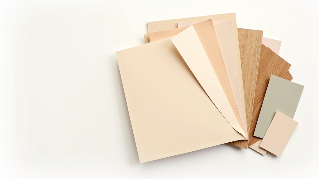 Close-up of paint color samples, fabric swatches, and wood material finishes displayed side by side showing variety of colors and textures