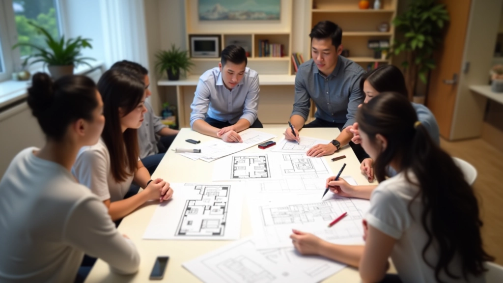 Group of design students collaborating on residential space planning project